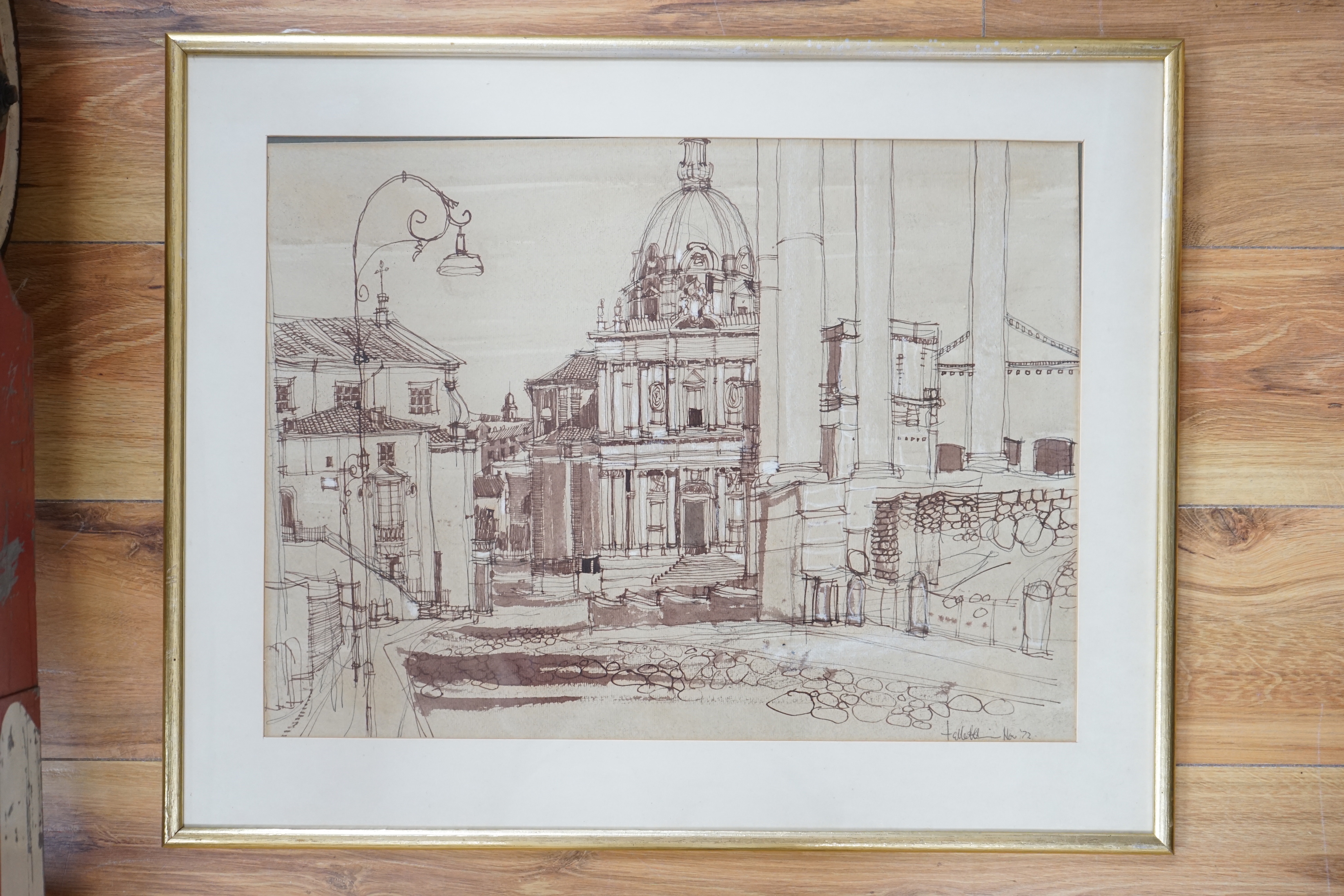 Pen and wash on paper, St Paul's Cathedral, London, indistinctly signed and dated '72, 36 x 49cm